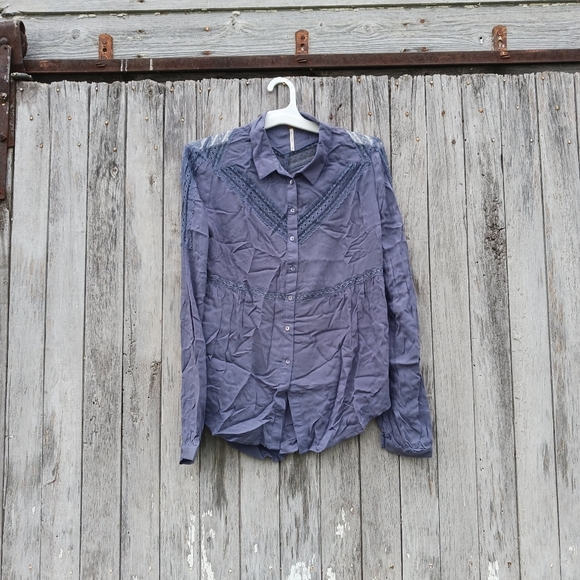 Free People Tops - Free People Sz Small Wild Wing Blue Lace Button Front Tunic Blouse Womens